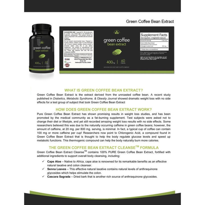 Green Coffee Bean Extract 400mg 60 Capsules All Natural Weight Loss Supplement Image 2