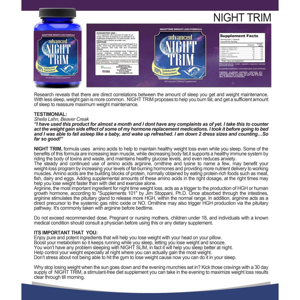 Night Trim Weight Loss Aid 60 Capsules Amino Acids Fat Burning Supplement Image 2