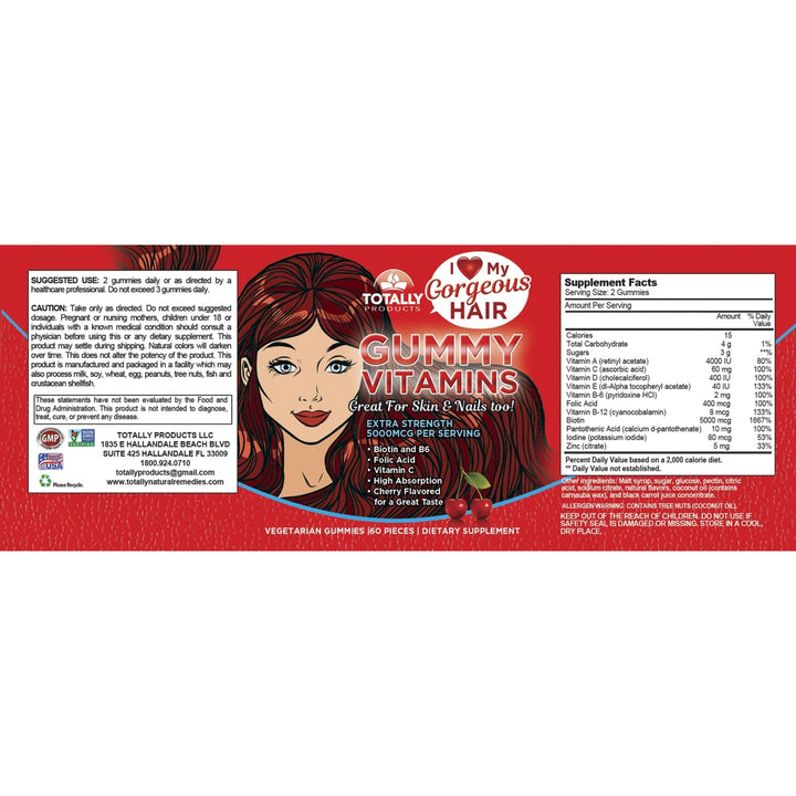 TotallyProducts Gorgeous Hair Gummy Vitamins with Biotin 5000 mcg (60ct Cherry Flavor) Image 4