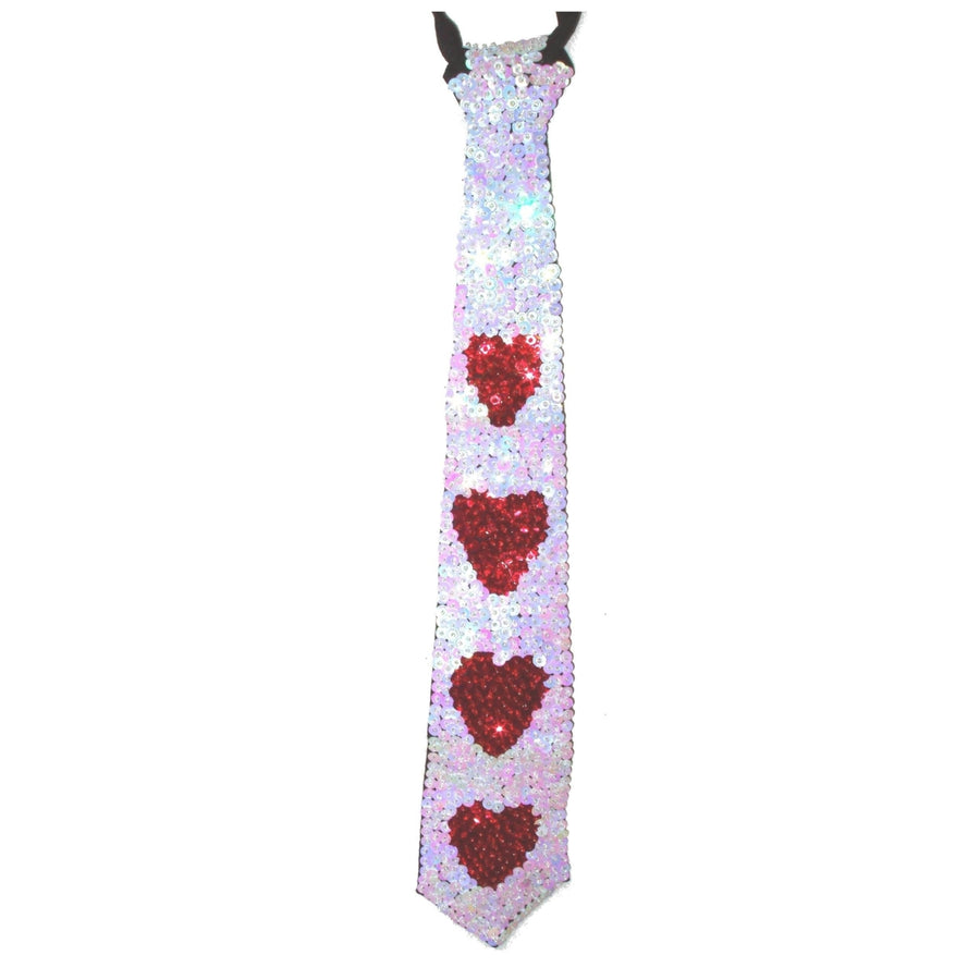 Sequin Neck Tie Opal White with Red Hearts Adult Unisex Image 1