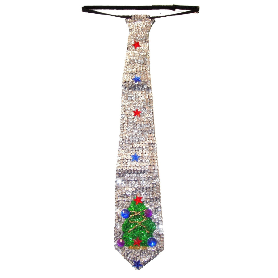 Sequin Neck Tie Silver with Christmas Tree Adult Unisex Image 1