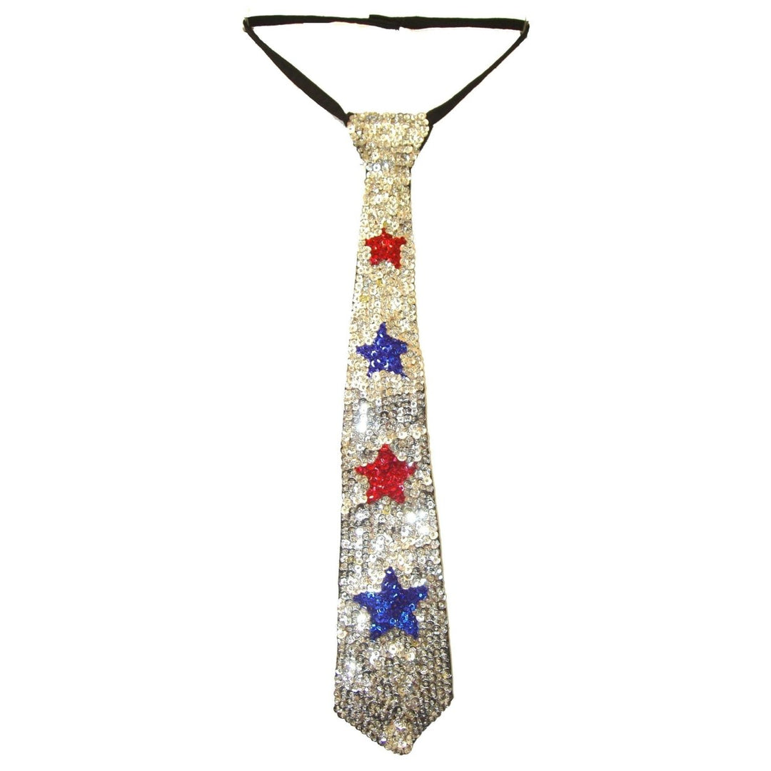 Sequin Neck Tie Silver with Red and Blue Stars Adult Unisex Image 1
