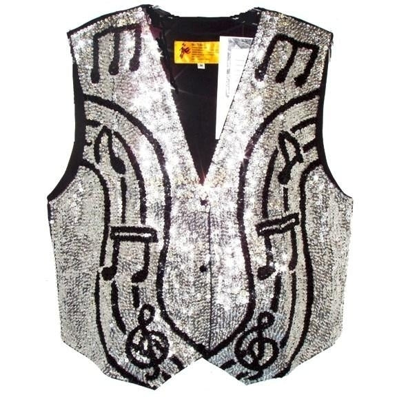 Sequin Vest Silver with Black Music Notes on Bar Image 1