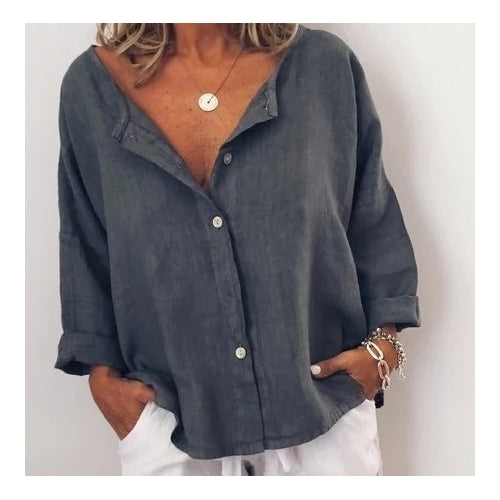 Casual Solid V Neck Long Sleeve Buttoned Tops Image 1