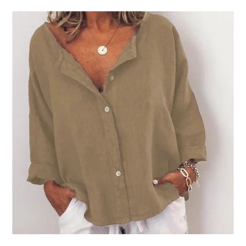 Casual Solid V Neck Long Sleeve Buttoned Tops Image 2