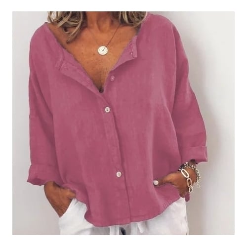 Casual Solid V Neck Long Sleeve Buttoned Tops Image 3