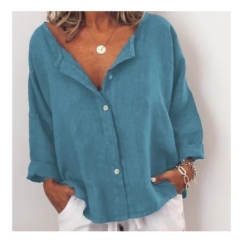 Casual Solid V Neck Long Sleeve Buttoned Tops Image 1