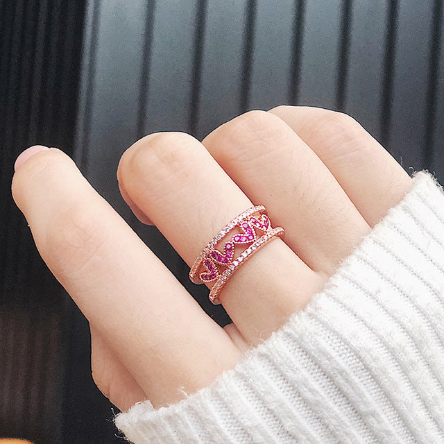 Small Fresh Rose Hollow Loving Opening Ring Wide Edition Artificial zircon Heart Finger Ring Tail Ring Image 1