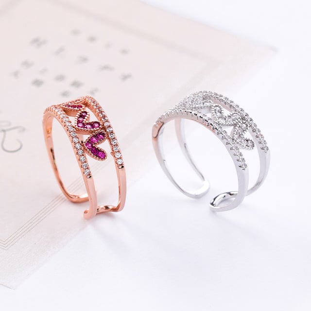 Small Fresh Rose Hollow Loving Opening Ring Wide Edition Artificial zircon Heart Finger Ring Tail Ring Image 2