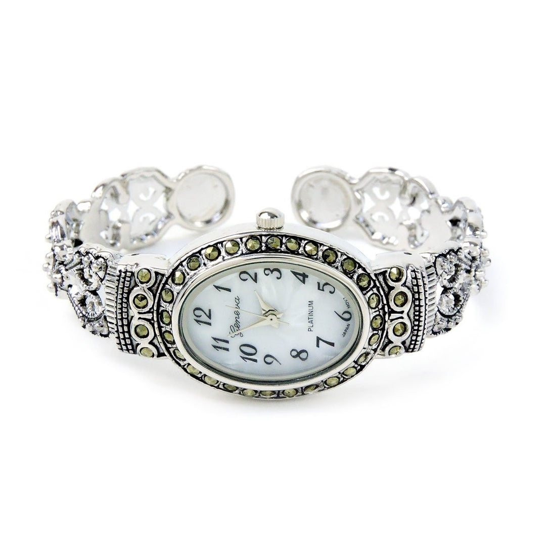 Silver Black Vintage Style Marcasite Crystal Oval Face Womens Bangle Cuff Watch Image 3
