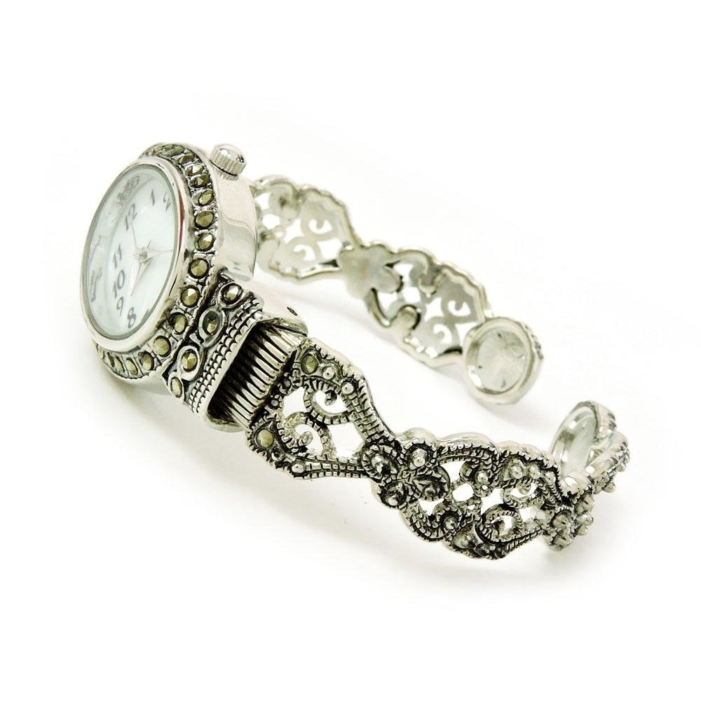 Silver Black Vintage Style Marcasite Crystal Oval Face Womens Bangle Cuff Watch Image 4