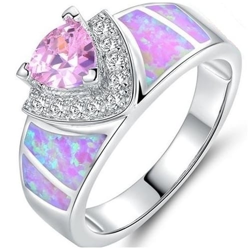 Platinum Aobao Pink Heart-Shaped Opal Artificial zircon Ring Image 1