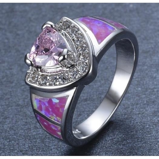 Platinum Aobao Pink Heart-Shaped Opal Artificial zircon Ring Image 3