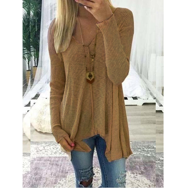 V neck Cotton Solid Casual Long Sleeve Sweater Image 2