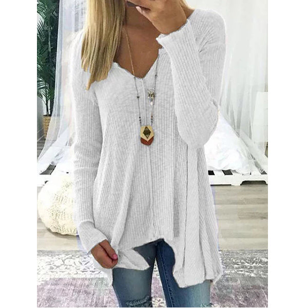V neck Cotton Solid Casual Long Sleeve Sweater Image 3