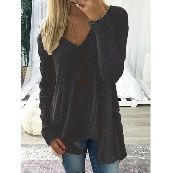 V neck Cotton Solid Casual Long Sleeve Sweater Image 4
