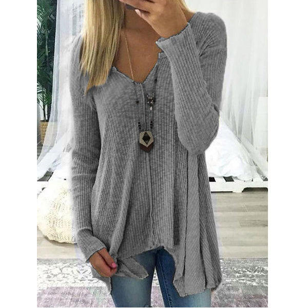 V neck Cotton Solid Casual Long Sleeve Sweater Image 6