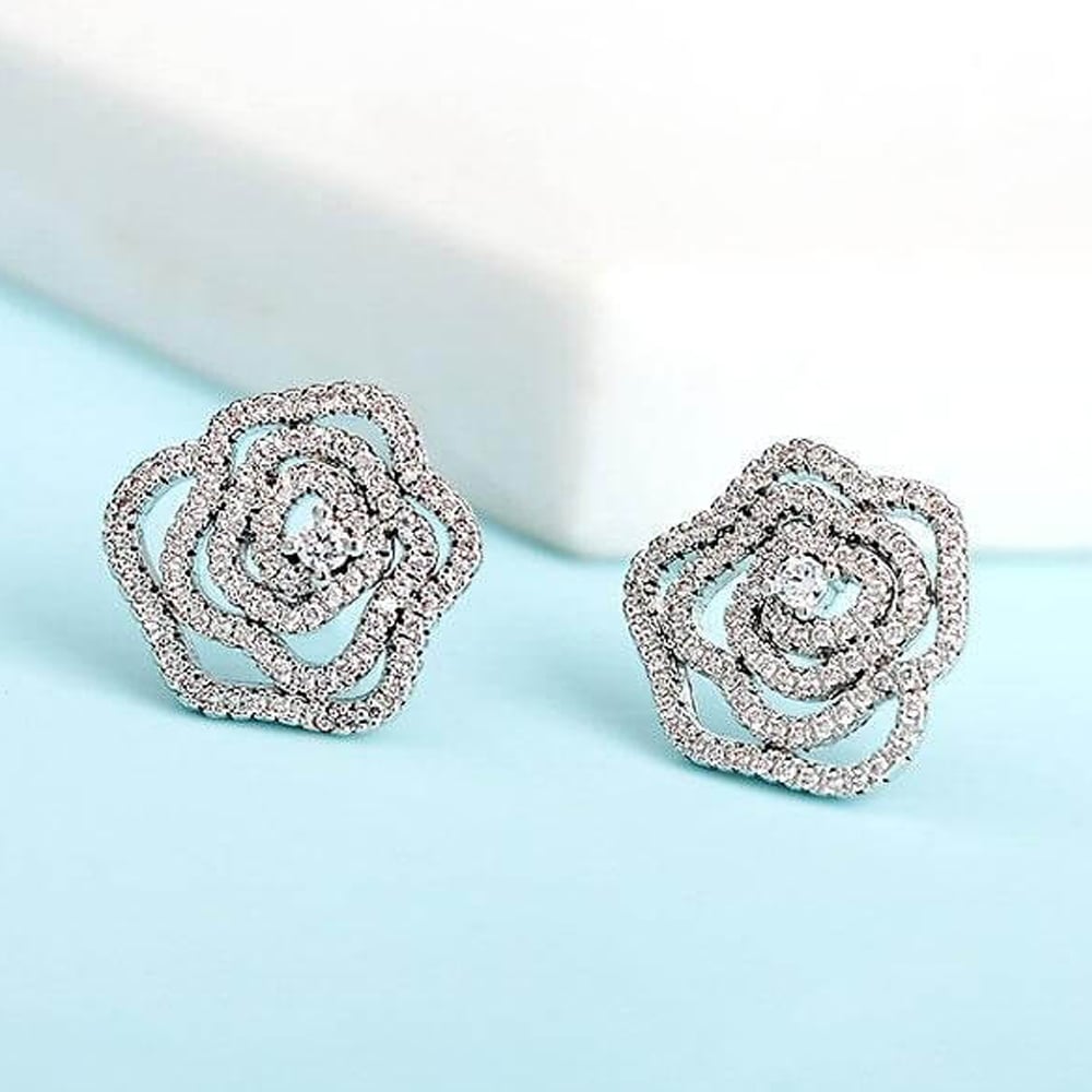 Cubic Zirconia Rose Flower Stud Earrings 18K White Gold Plated Brass 10mm Image 1