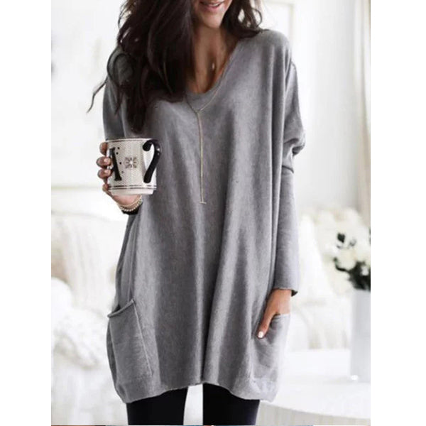 Women Casual Long Sleeve V Neck Pockets Loose Sweatershirt Image 1