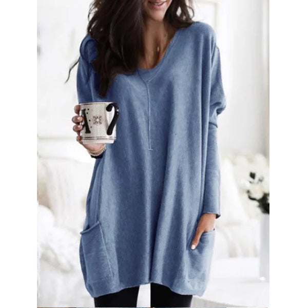 Women Casual Long Sleeve V Neck Pockets Loose Sweatershirt Image 2