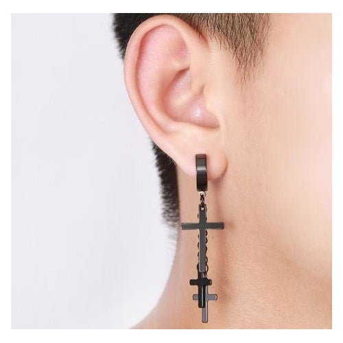 Black Punk Earrings Anti-allergy Earrings Titanium Steel Earrings with Cross Ear Nails Image 3