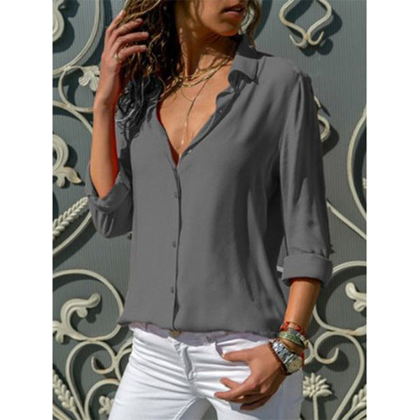 Chiffon Stand Collar Solid Plus Size Shirt Image 4