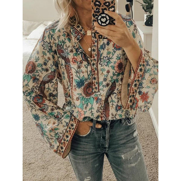 White Long Sleeve Floral Cotton-Blend Floral-Print Shirt in 5 Color Choices Image 1