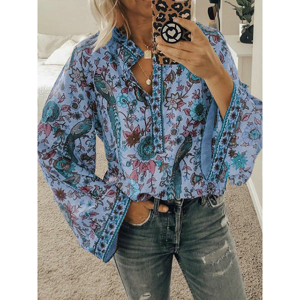 White Long Sleeve Floral Cotton-Blend Floral-Print Shirt in 5 Color Choices Image 4