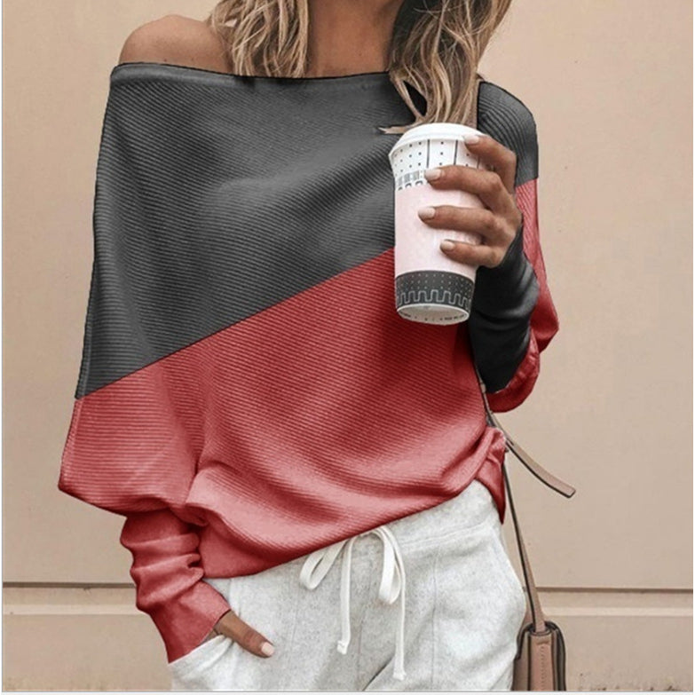 Color-Block Batwing Long Sleeves Casual Chic T-Shirts Image 1
