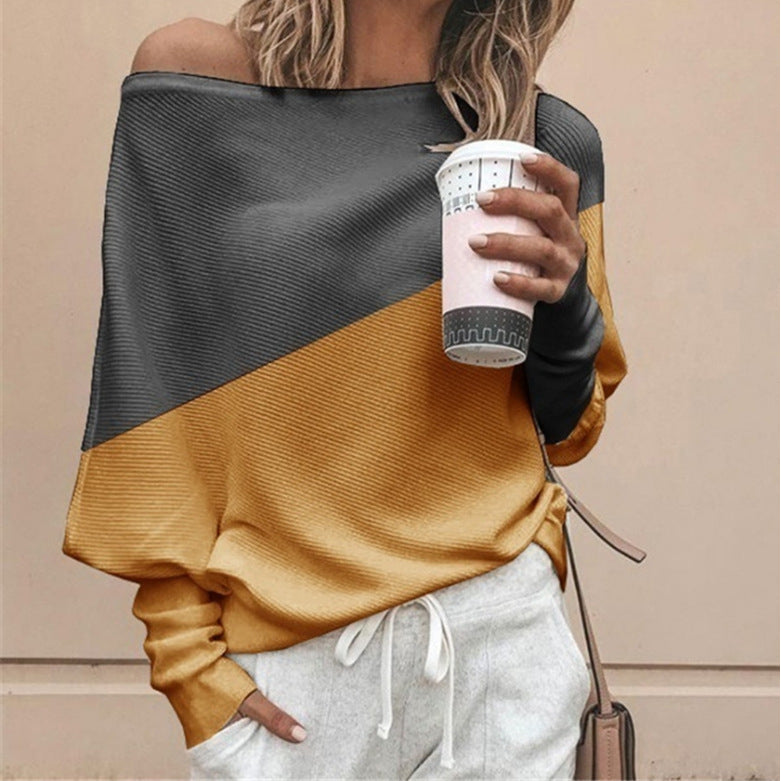 Color-Block Batwing Long Sleeves Casual Chic T-Shirts Image 3