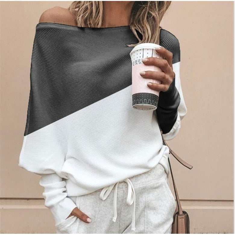 Color-Block Batwing Long Sleeves Casual Chic T-Shirts Image 2