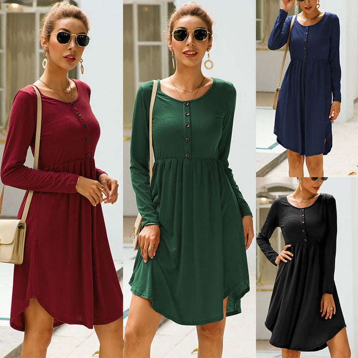 Button Deco Round Hem Long Sleeve Dress Image 1