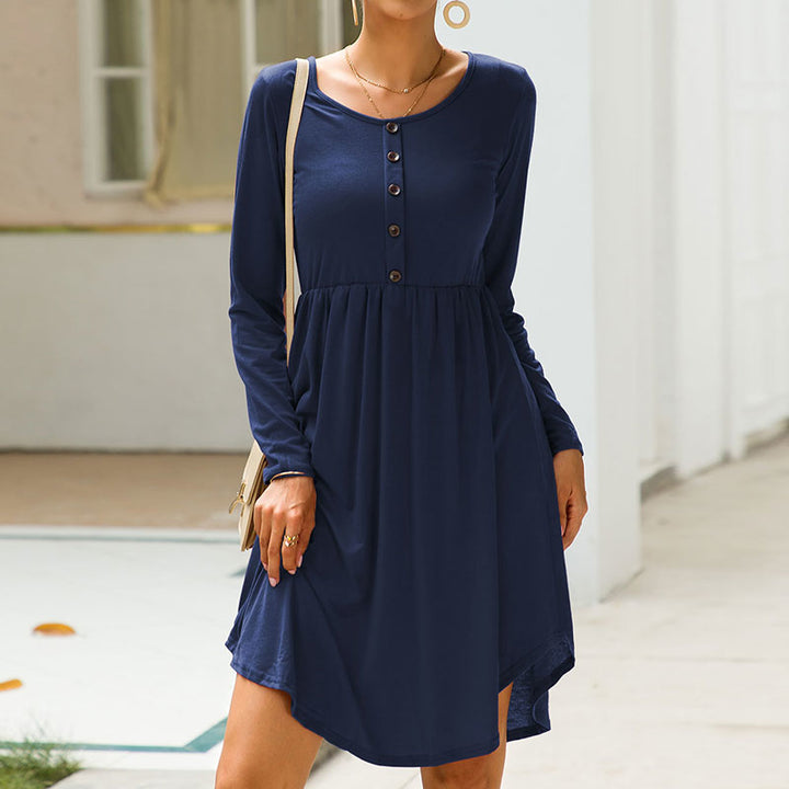 Button Deco Round Hem Long Sleeve Dress Image 2