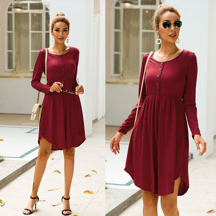 Button Deco Round Hem Long Sleeve Dress Image 4