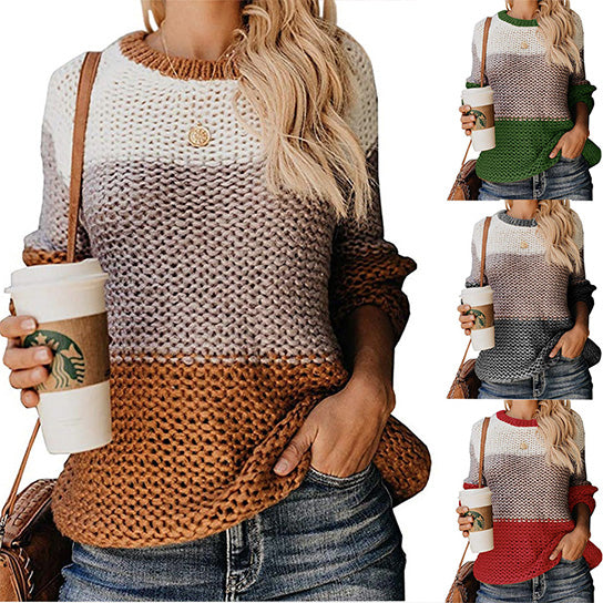 Bold Knit Contrast Color Round Neck Sweater Image 1