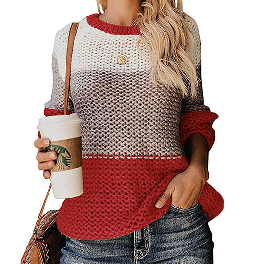 Bold Knit Contrast Color Round Neck Sweater Image 4