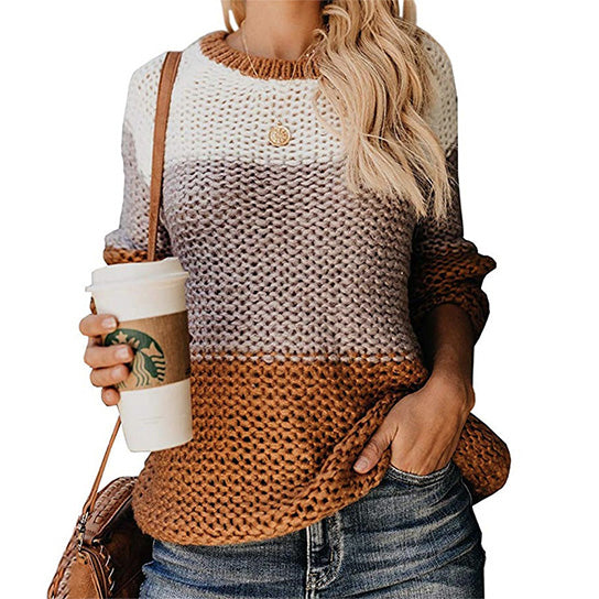 Bold Knit Contrast Color Round Neck Sweater Image 7