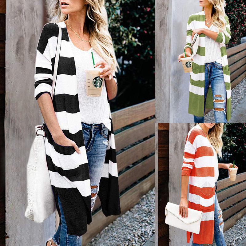 Colorful Striped Long Cardigan with Pocket Image 1