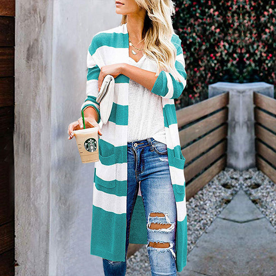 Colorful Striped Long Cardigan with Pocket Image 2