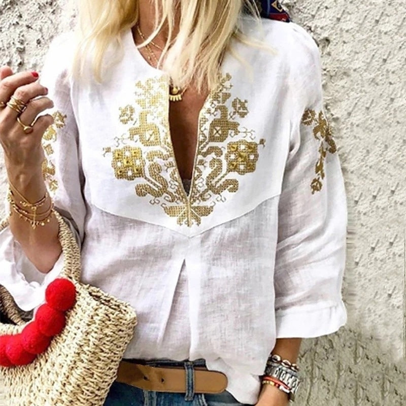 V neck Casual Tribal Printed Frill Sleeve Blouse Image 1