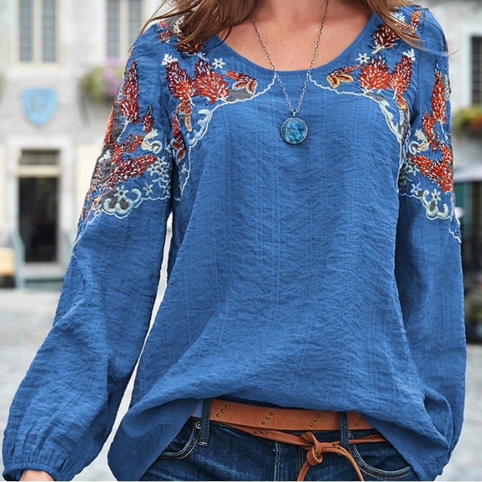 Long Sleeve Cotton-Blend Crew Neck Plain Tops Image 1