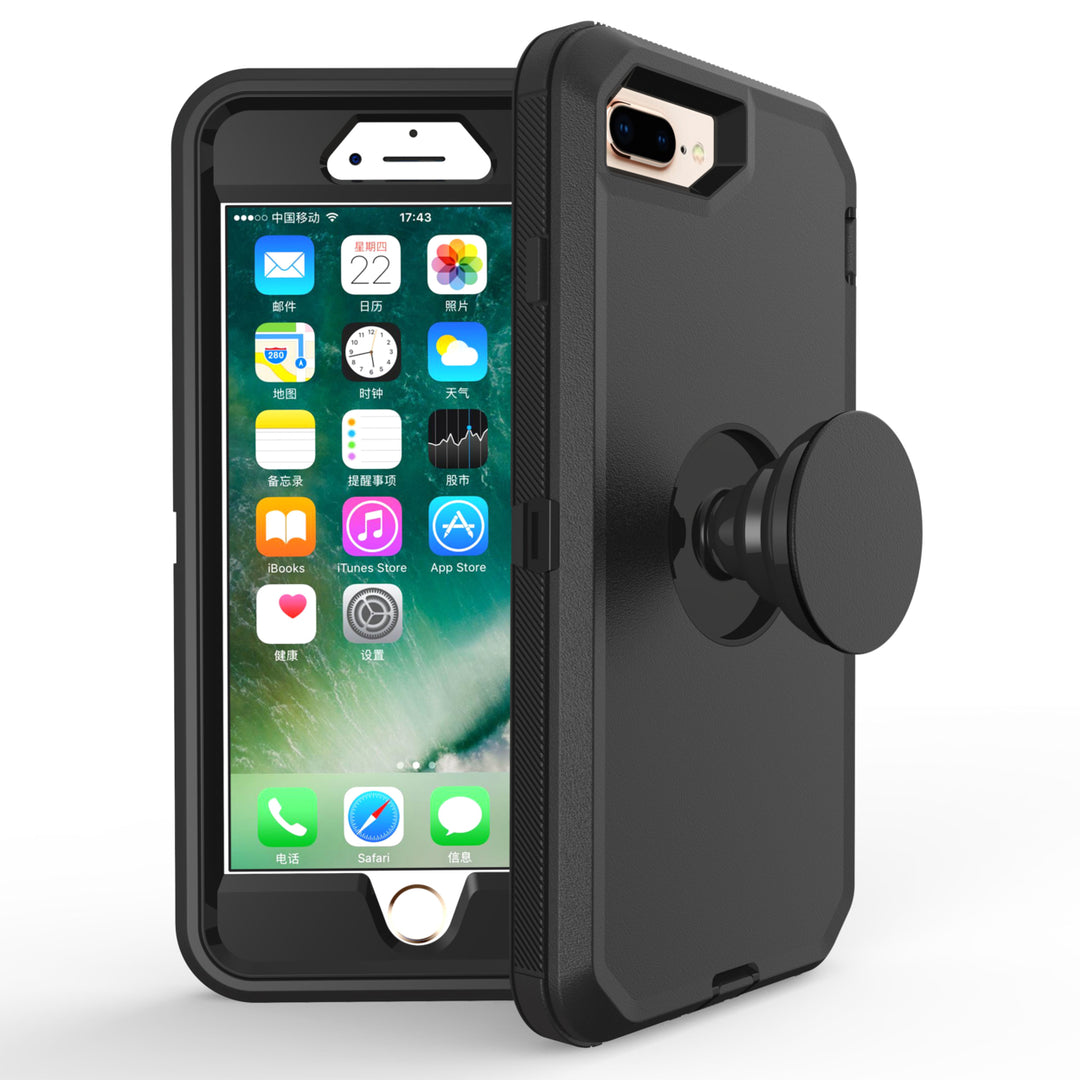 For Apple iPhone 8 / iPhone 7 / iPhone 6/6S Pop Up Grip Holder Heavy Duty Defender Armor Hybrid Case Cover - Black Black Image 1