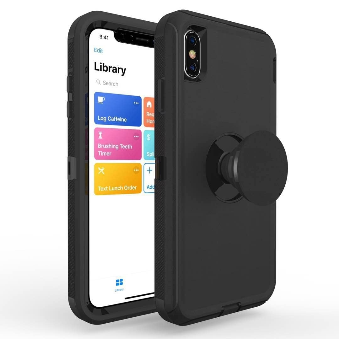 For Apple iPhone XR Pop Up Grip Holder Heavy Duty Defender Armor Hybrid Case Cover - Black Black Image 1