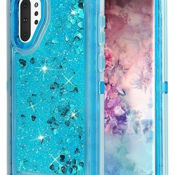 For Samsung Galaxy Note 10 Tough Defender Sparkling Liquid Glitter Heart Case Cover - Blue Image 1