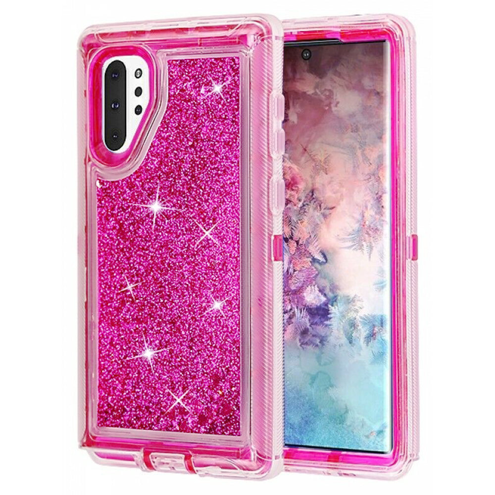 For Samsung Galaxy Note 10 Tough Defender Sparkling Liquid Glitter Heart Case Cover - Blue Image 2