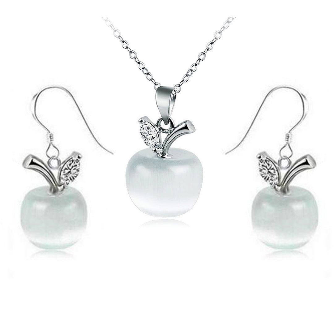 14k White Gold Plated Apple Moonstone Pendant Necklace and Dangle Earrings Set Image 1