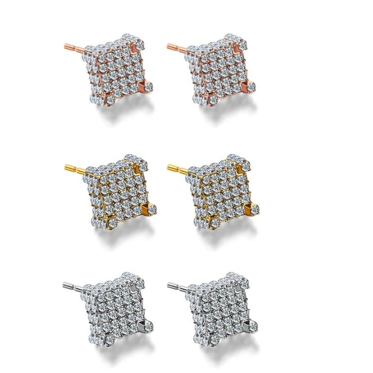 Silver Micro Pave Stud Earrings Clear Square 3d Sidestones Image 4