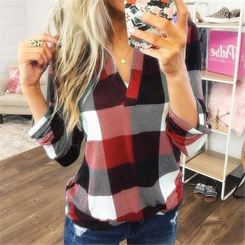 Classic Plaid V Neck Blouse Top Image 1