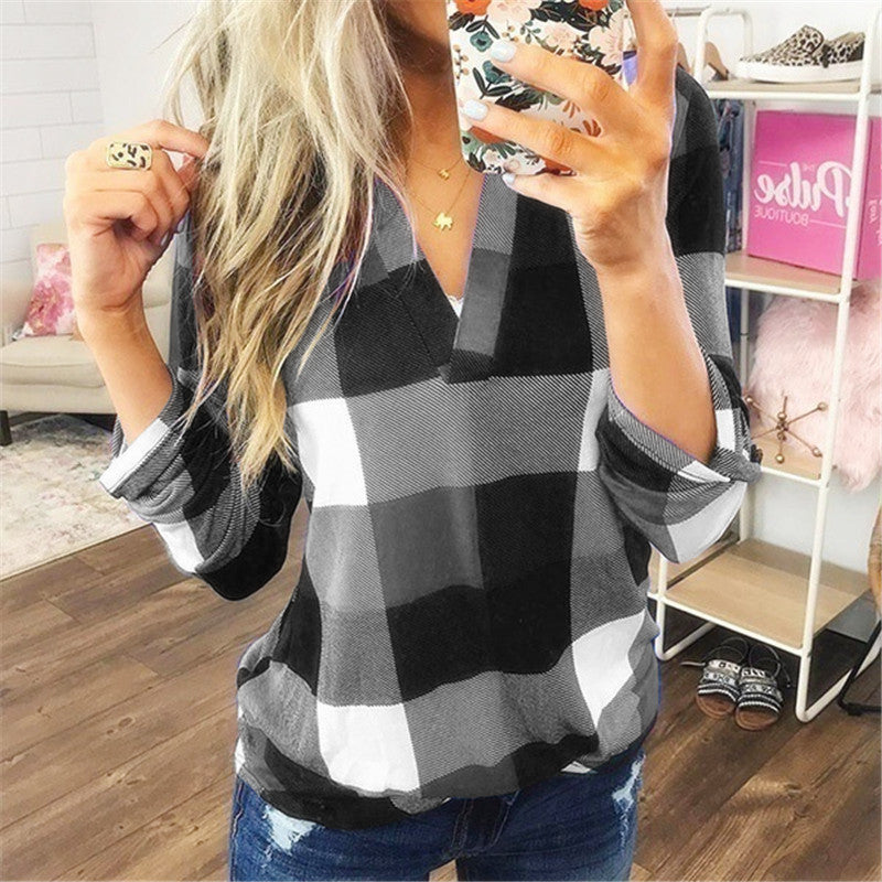 Classic Plaid V Neck Blouse Top Image 2