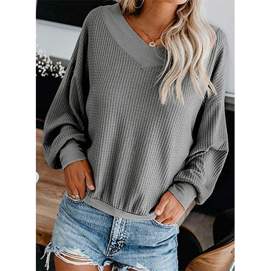 V Neck Waffle Knit Classic Top Shirt Image 1